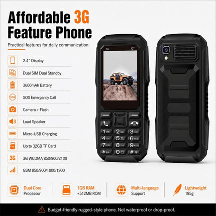 Q7 3G Key Phone, 3600mAh Battery, 2.4 inch, SOS, 21 Keys, Dual SIM, Network: 3G, Support Whatsapp, Facebook