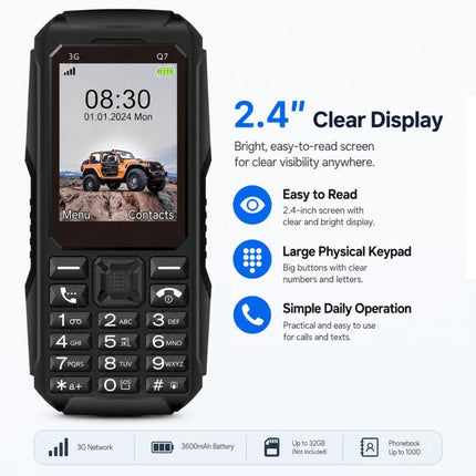 Q7 3G Key Phone, 3600mAh Battery, 2.4 inch, SOS, 21 Keys, Dual SIM, Network: 3G, Support Whatsapp, Facebook