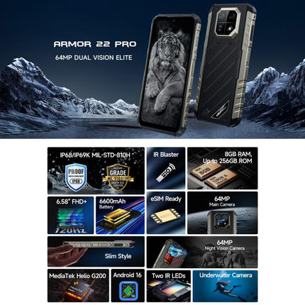 Ulefone Armor 22 Pro IP68/IP69K Rugged Phone, 8GB+256GB, 6.58 inch Android 16 MediaTek Helio G200 Octa Core, Network: 4G, NFC, OTG