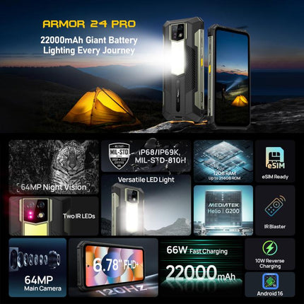 Ulefone Armor 24 Pro IP68/IP69K Rugged Phone, 12GB+256GB, 6.78 inch Android 16 MediaTek Helio G200 Octa Core, Network: 4G, NFC, OTG