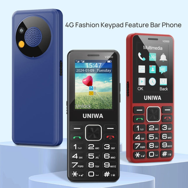 UNIWA V2000 Elder Keypad Phone, 2.4 inch Unisoc T107, 1700mAh Battery, LED Flashlight, SOS, Network: 4G, EU Plug