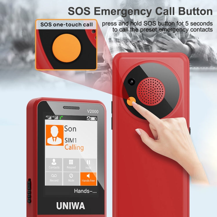 UNIWA V2000 Elder Keypad Phone, 2.4 inch Unisoc T107, 1700mAh Battery, LED Flashlight, SOS, Network: 4G, EU Plug