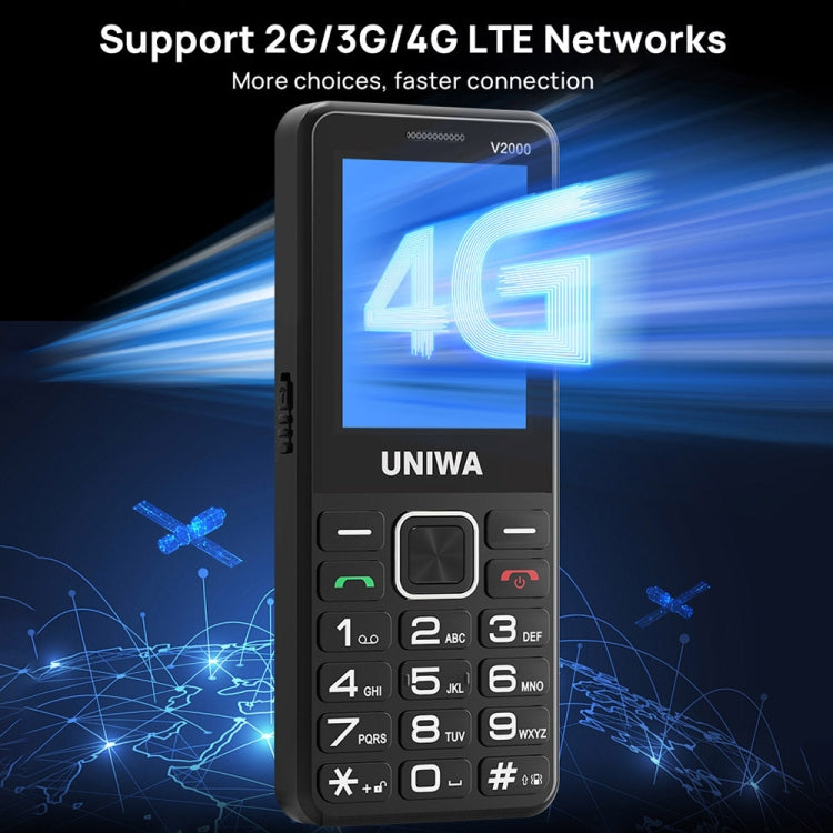 UNIWA V2000 Elder Keypad Phone, 2.4 inch Unisoc T107, 1700mAh Battery, LED Flashlight, SOS, Network: 4G, EU Plug