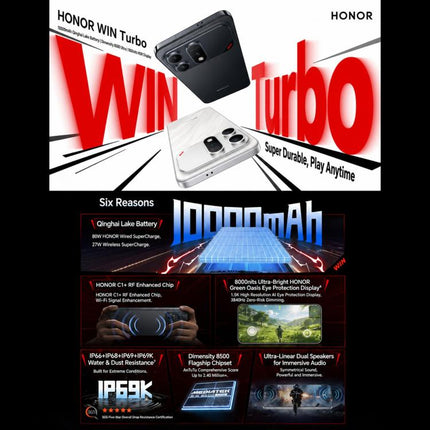 Honor WIN Turbo, 12GB+512GB, 10000mAh Battery, 6.79 inch MagicOS 10.0 / Android 16 Dimensity 8500 Racing Edition Octa Core, Network: 5G, NFC, OTG, 12GB+512GB