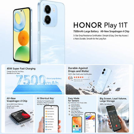 Honor Play11T, 8GB+256GB, Side Fingerprint, 6.61 inch MagicOS 10.0 Android 16 Snapdragon 4 Gen 4 Octa Core, Network: 5G, OTG, 8GB+256GB