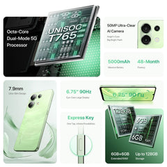 UMIDIGI G9 5G, 6 GB + 128 GB, seitlicher Fingerabdruck und Gesichtserkennung, 6,75 Zoll Android 14 UNISOC T765 Octa Core, Netzwerk: 5G, G9 5G