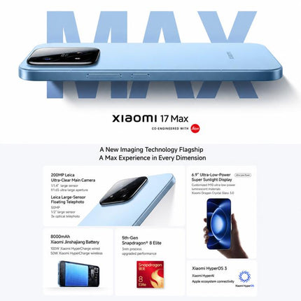 Xiaomi 17 Max, 16GB+256GB, 3D Ultrasonic Fingerprint, 6.9 inch Xiaomi HyperOS 3 Snapdragon 8 Elite Gen 5 Octa Core, NFC, Network: 5G, 16GB+256GB