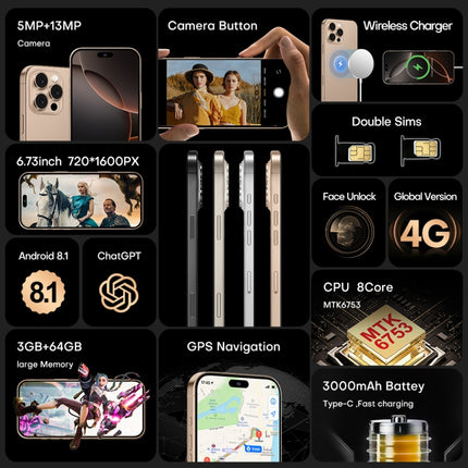 i16 Pro Max / A08A, 3GB+64GB, 6.73 inch Screen, Face Identification, Android 8.1 MTK6753 Octa Core, Network: 4G, Dual SIM, AU Plug, i16 Pro Max / A08A, , AU Plug