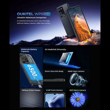 Teléfono robusto Oukitel WP50 5G, 4 GB + 256 GB, 6,6 pulgadas, Android 14.0, MediaTek Dimensity 6100+, ocho núcleos, 3,0 GHz, NFC, OTG, red: 5G