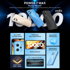 Triple Back Cameras, 10000mAh Battery, Face ID & Side Fingerprint Identification, 6.7 inch Android 11 Unisoc T610 Octa Core up to 1.8GHz, Network: 4G, OTG, NFC