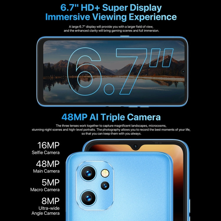 Triple Back Cameras, 10000mAh Battery, Face ID & Side Fingerprint Identification, 6.7 inch Android 11 Unisoc T610 Octa Core up to 1.8GHz, Network: 4G, OTG, NFC