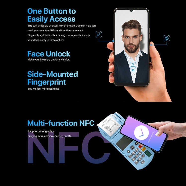 Triple Back Cameras, 10000mAh Battery, Face ID & Side Fingerprint Identification, 6.7 inch Android 11 Unisoc T610 Octa Core up to 1.8GHz, Network: 4G, OTG, NFC