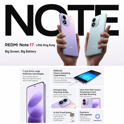 Xiaomi REDMI Note 17 5G, 8GB+128GB, 7 inch Xiaomi HyperOS 3 Snapdragon 4 Gen 4 Octa Core, NFC, Network: 5G, 8GB+128GB