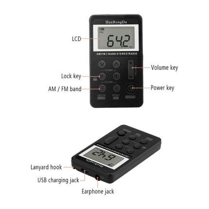 Portable AM / FM Two Bands Rechargeable Stereo Radio Mini Receiver with & LCD Screen & Earphone Jack & Lanyard