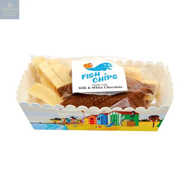 Milk and white chocolate fish & chips in carton