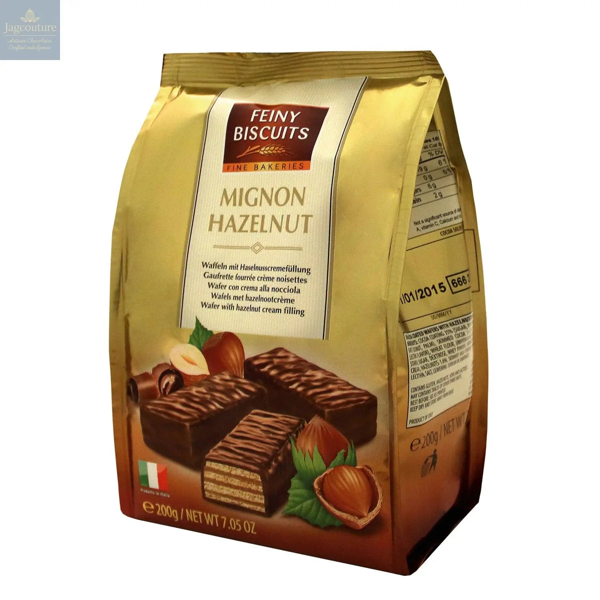 Milk chocolate covered mignon wafers with hazelnut cream filling in sachet bag