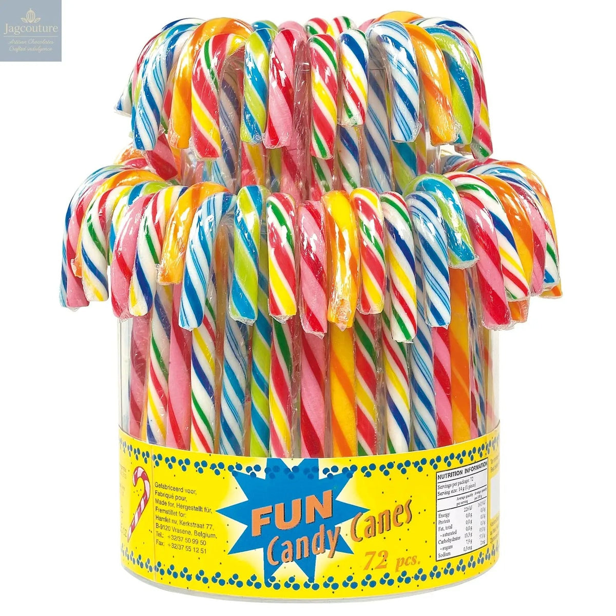 Multi-coloured fruit flavoured candy canes in display bucket (12.8cm) 13g