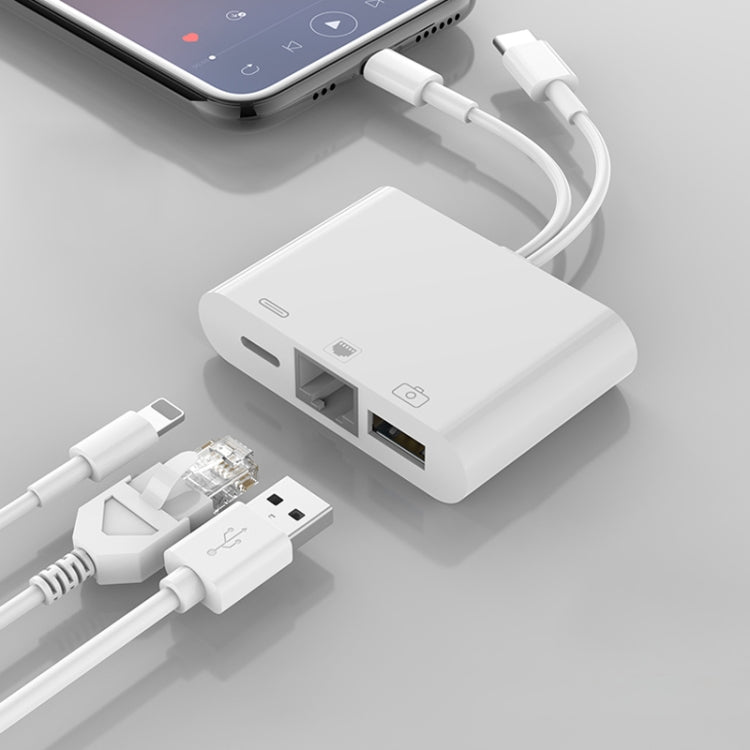 NK-107 Pro 3 in 1 USB-C / Type-C + 8 Pin Male to USB + RJ45 + 8 Pin Charging Female Interface Adapter, NK-107 Pro