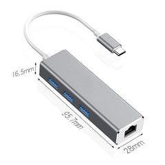 USB-C / Type-C to Gigabit Ethernet RJ45 & 3 x USB 3.0 Adapter Converter HUB, Computer External Tablet Phone Universal, Gigabit Ethernet