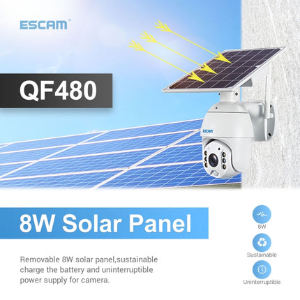 ESCAM QF480 EU Version HD 1080P IP66 Waterproof 4G Solar Panel PT IP Camera without Battery, Support Night Vision / Motion Detection / TF Card / Two Way Audio