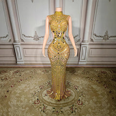Luxury Mirror Sequins Sheath Halter Trailing Dress
