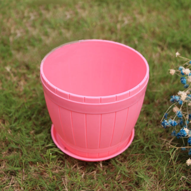 10 PCS Imitation Wooden Barrel Plastic Resin Flower Pot with Tray, Top Diameter: 19cm, Height: 16.5cm