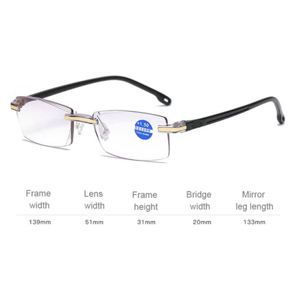 Rimless Anti Blue-ray Blue Film Lenses Presbyopic Glasses, +2.00D, +2.00D