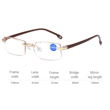Rimless Anti Blue-ray Blue Film Lenses Presbyopic Glasses, +2.50D, +2.50D