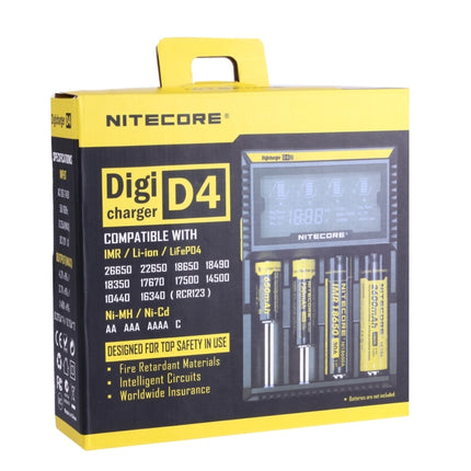 Nitecore D4 Intelligent Digi Smart Charger with LCD Display for 14500, 16340 (RCR123), 18650, 22650, 26650, Ni-MH and Ni-Cd (AA, AAA) Battery, D4
