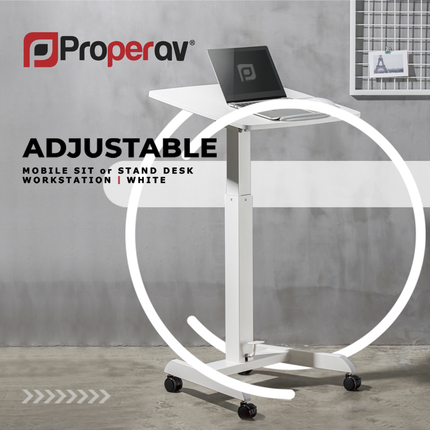 ProperAV Mobile Desk Trolley Workstation with Gas Spring Height Adjustment - White