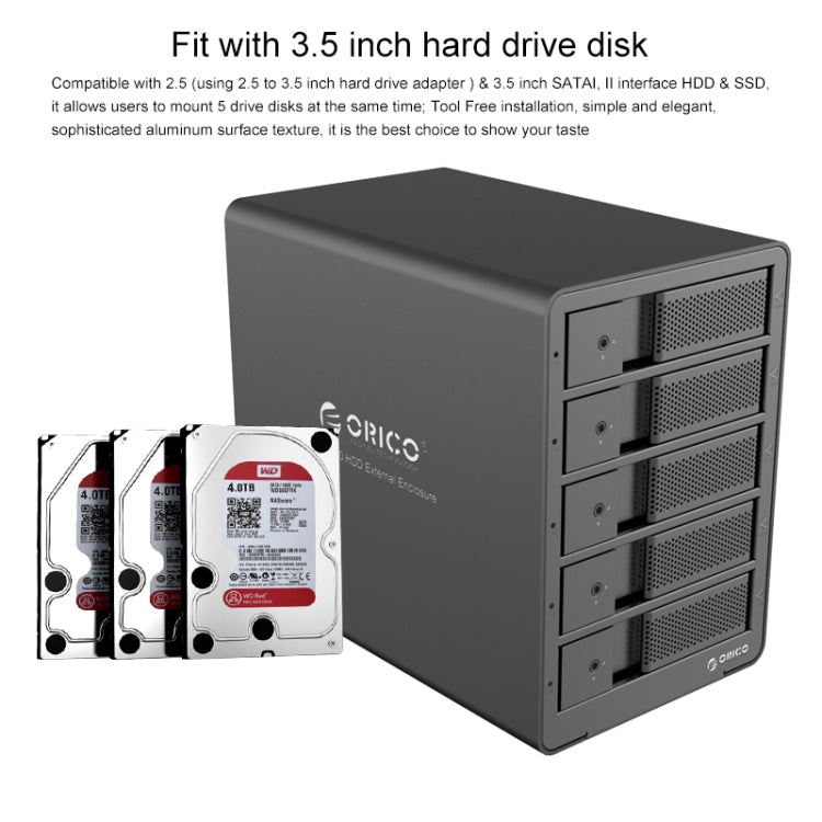 ORICO 9558RU3 5-bay USB 3.0 Type-B Aluminum 3.5 inch SATA HDD Enclosure Storage Hard Disk Box, Support RAID 0 / 5 Mode, SATA (RAID 0 / 5 Mode) Black