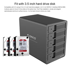 ORICO 9558RU3 5-bay USB 3.0 Type-B Aluminum 3.5 inch SATA HDD Enclosure Storage Hard Disk Box, Support RAID 0 / 5 Mode, SATA (RAID 0 / 5 Mode) Black, SATA (RAID 0 / 5 Mode) Silver