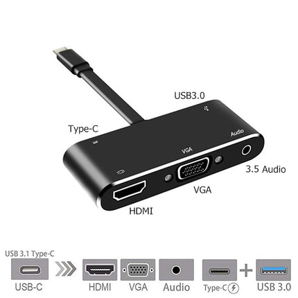 V126 UCB-C / Type-C Male to PD + HDMI + VGA + Audio + USB 3.0 Female 5 in 1 Converter, 5 in 1