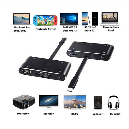 V126 UCB-C / Type-C Male to PD + HDMI + VGA + Audio + USB 3.0 Female 5 in 1 Converter, 5 in 1