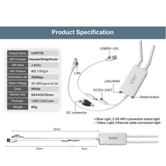 VONETS VAP11S 2.4G Mini Wireless Bridge 300Mbps WiFi Repeater with 2 Antennas, VAP11S