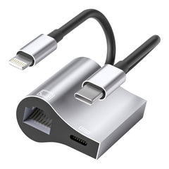 NK-1054Pro 2 in 1 8 Pin + USB-C / Type-C Male to 8 Pin Charging + Ethernet Female Adapter, NK-1054Pro