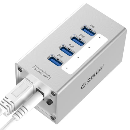 Concentrador USB 3.0 de 4 puertos de alta velocidad ORICO A3H4 de aluminio con fuente de alimentación de 12 V/2,5 A para computadoras portátiles, 4 puertos (plateado)