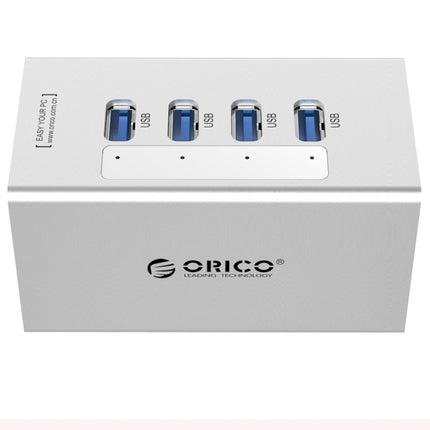 Concentrador USB 3.0 de 4 puertos de alta velocidad ORICO A3H4 de aluminio con fuente de alimentación de 12 V/2,5 A para computadoras portátiles, 4 puertos (plateado)