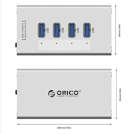 Concentrador USB 3.0 de 4 puertos de alta velocidad ORICO A3H4 de aluminio con fuente de alimentación de 12 V/2,5 A para computadoras portátiles, 4 puertos (plateado)