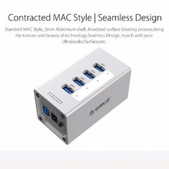 ORICO A3H4 Aluminium High Speed ​​4 Ports USB 3.0 HUB mit 12V/2,5A Netzteil für Laptops, 4 Ports (Silber)