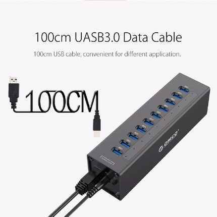 ORICO A3H10 Aluminum High Speed 10 Ports USB 3.0 HUB with Power Adapter for Laptops, 10 Ports (Black)
