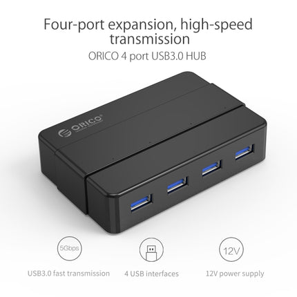 ORICO H4928-U3 ABS Concentrador USB 3.0 de 4 puertos de alta velocidad con adaptador de corriente de 12 V para teléfonos inteligentes y tabletas