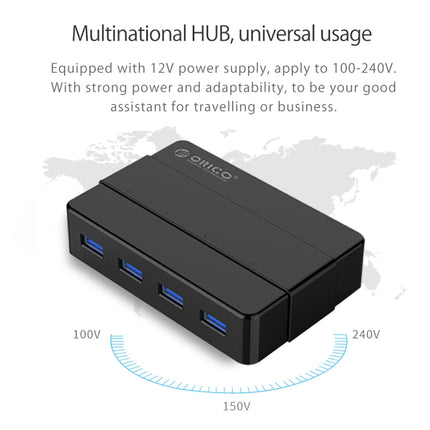 ORICO H4928-U3 ABS Concentrador USB 3.0 de 4 puertos de alta velocidad con adaptador de corriente de 12 V para teléfonos inteligentes y tabletas