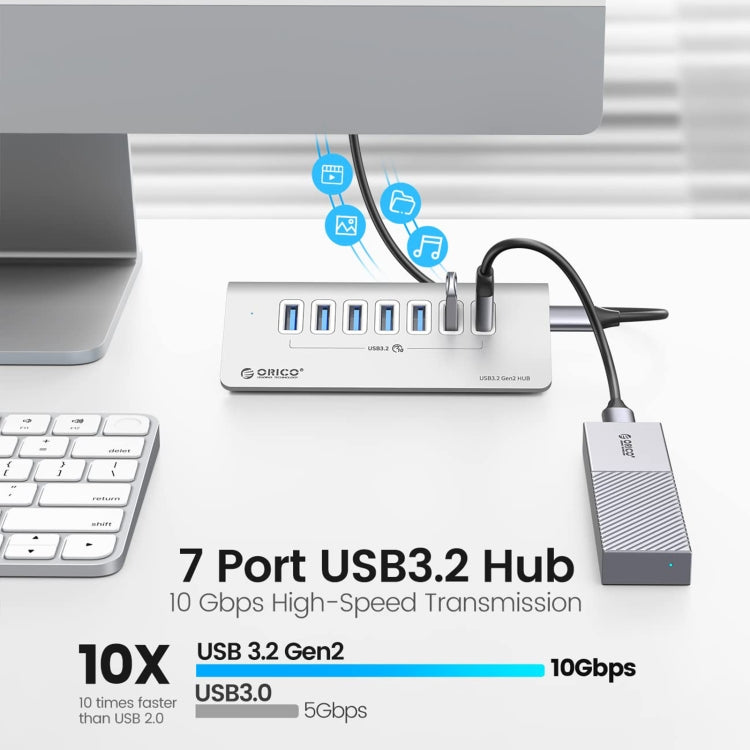 ORICO M3U7-G2 Aluminum Alloy 7-Port USB 3.2 Gen2 10Gbps HUB with 0.5m Cable, M3U7-G2 0.5m
