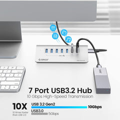 ORICO M3U7-G2 Aluminum Alloy 7-Port USB 3.2 Gen2 10Gbps HUB with 0.5m Cable, M3U7-G2 0.5m