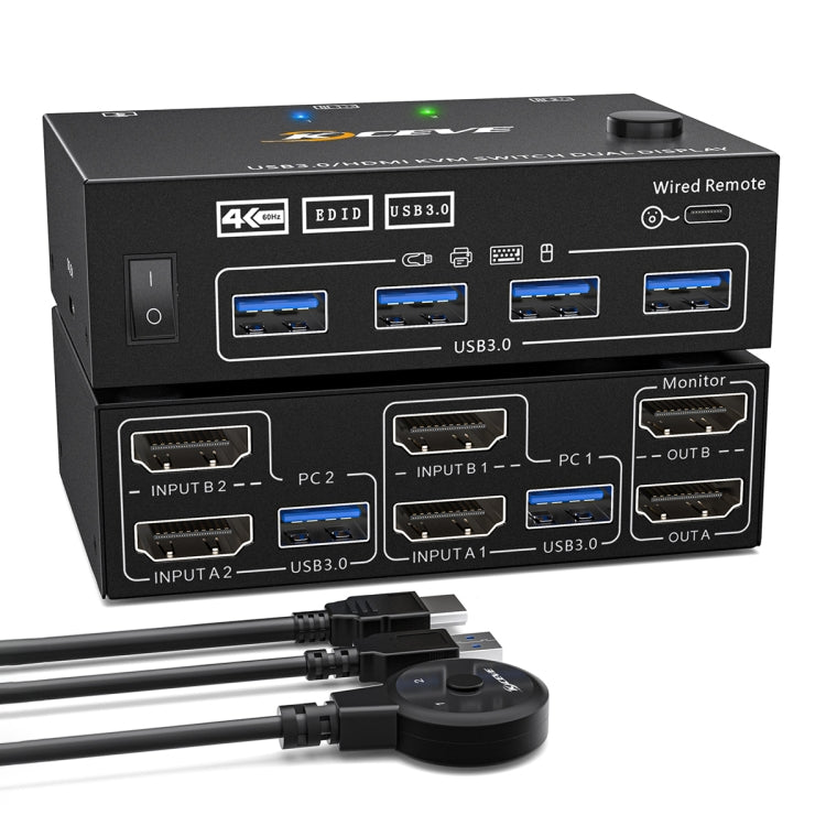 KC-KVM202AS 4K 60HZ USB3.0 HDMI Dual Display KVM Switcher Support EDID Analog Lock Screen, KC-KVM202AS