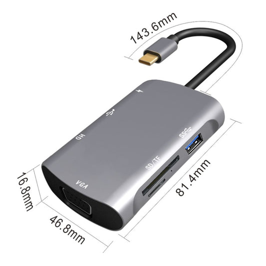 V217E 7 In 1 Type C / USB-C to PD + HDMI + VGA + USB3.0 + UB2.0 + SD / TF Multi-function Type-C / USB-C HUB Docking Station, PD+HDMI+VGA+USB3.0+UB2.0+SD / TF