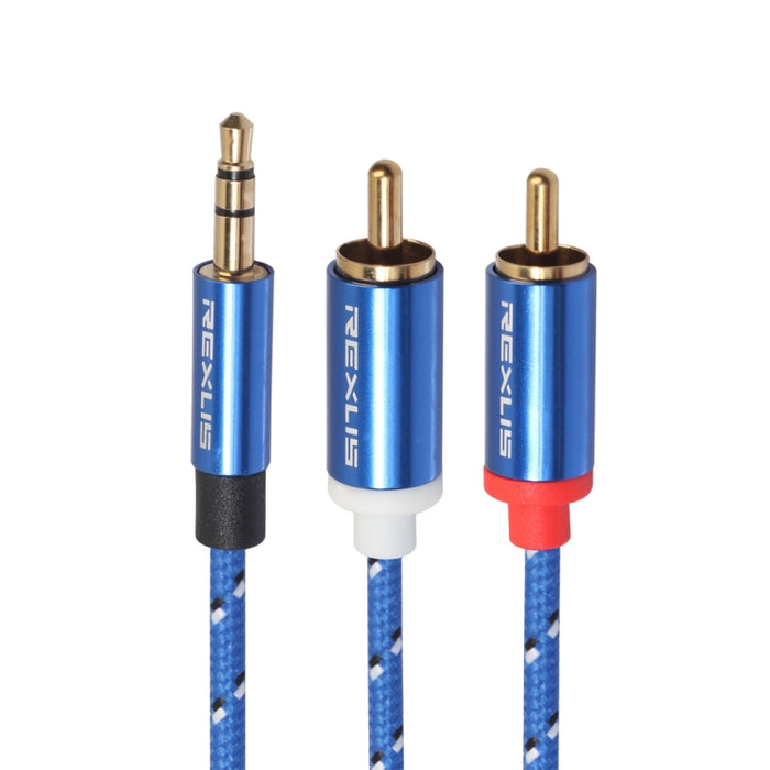 REXLIS 3610 3.5mm Male to Dual RCA Gold-plated Plug Blue Cotton Braided Audio Cable for RCA Input Interface Active Speaker, Length: 3m, Length: 3m