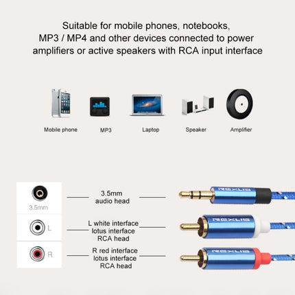REXLIS 3610 3.5mm Male to Dual RCA Gold-plated Plug Blue Cotton Braided Audio Cable for RCA Input Interface Active Speaker, Length: 3m, Length: 3m