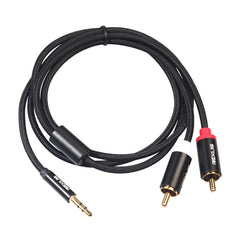 REXLIS 3635 3.5mm Male to Dual RCA Gold-plated Plug Black Cotton Braided Audio Cable for RCA Input Interface Active Speaker, Length: 1m, Length: 1m